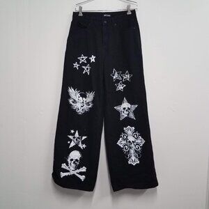 Hot Topic Black Skull Icons Belted Wide-Leg Jeans Womens 7 Style 30973484